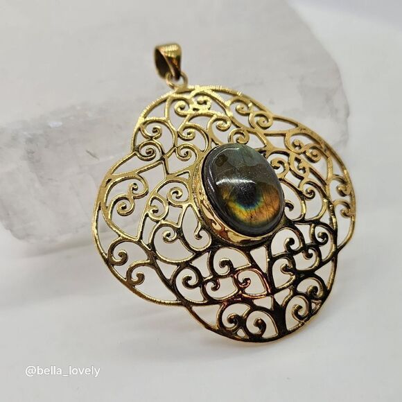 High Fire Labradorite Gold Toned Ethnic Handmade Filigree Pendant Jewelry 2.27" - Picture 1 of 5